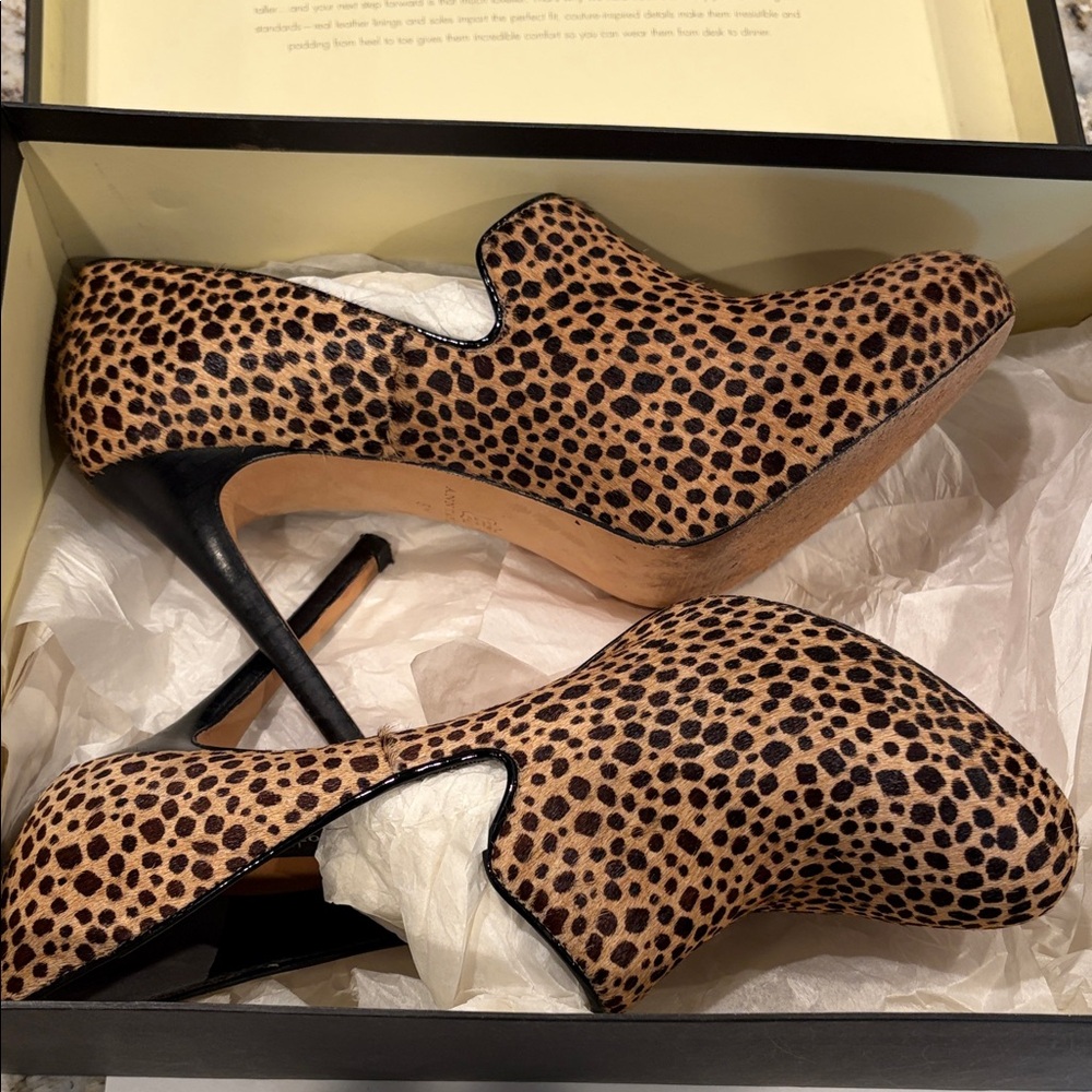 Ann Taylor Vintage Leopard-Print Pony Hair Stiletto Heels. Patent leather trim.